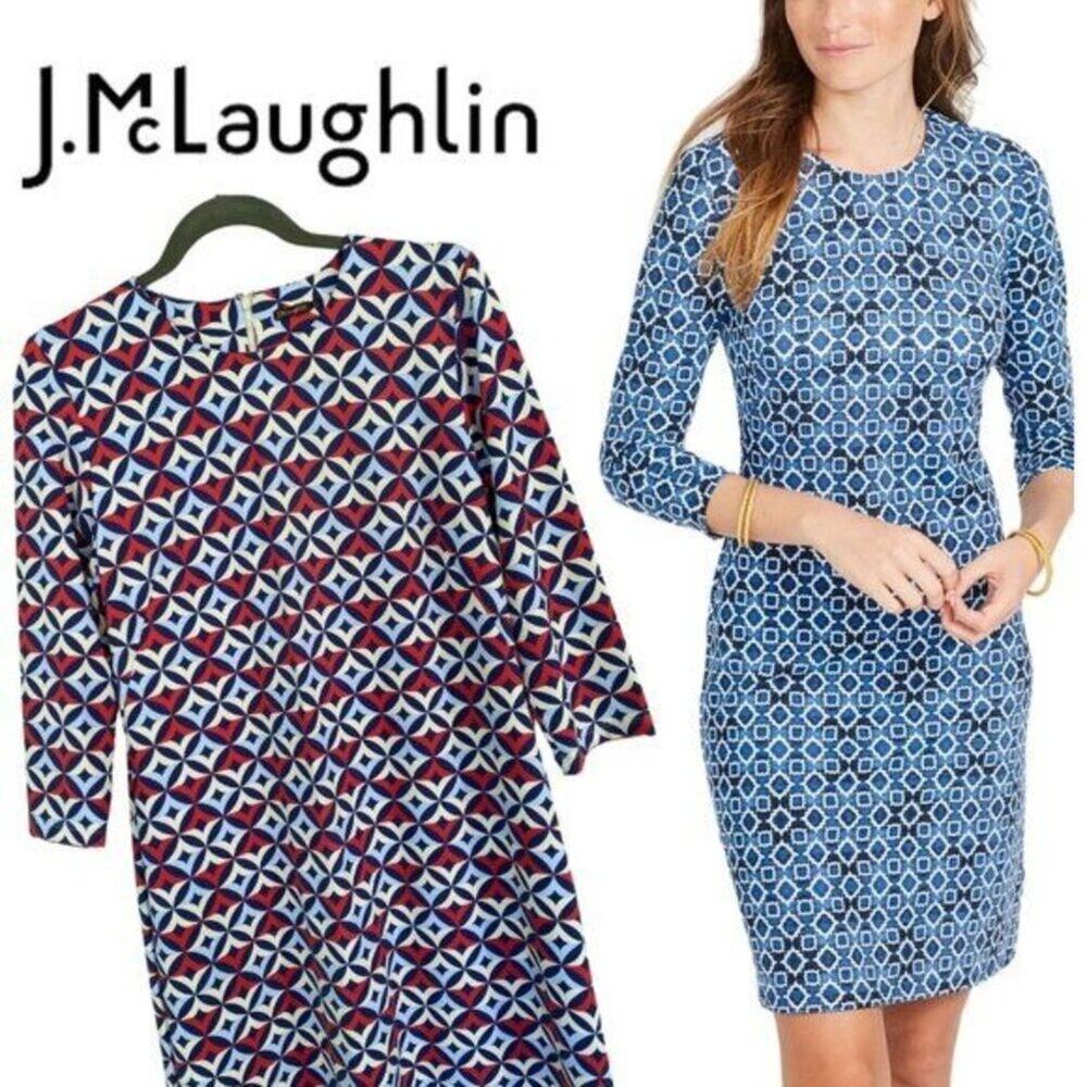 J. McLaughlin Sophia Mod Wellington Print Catalina Cloth Dress Medium Red, Blue